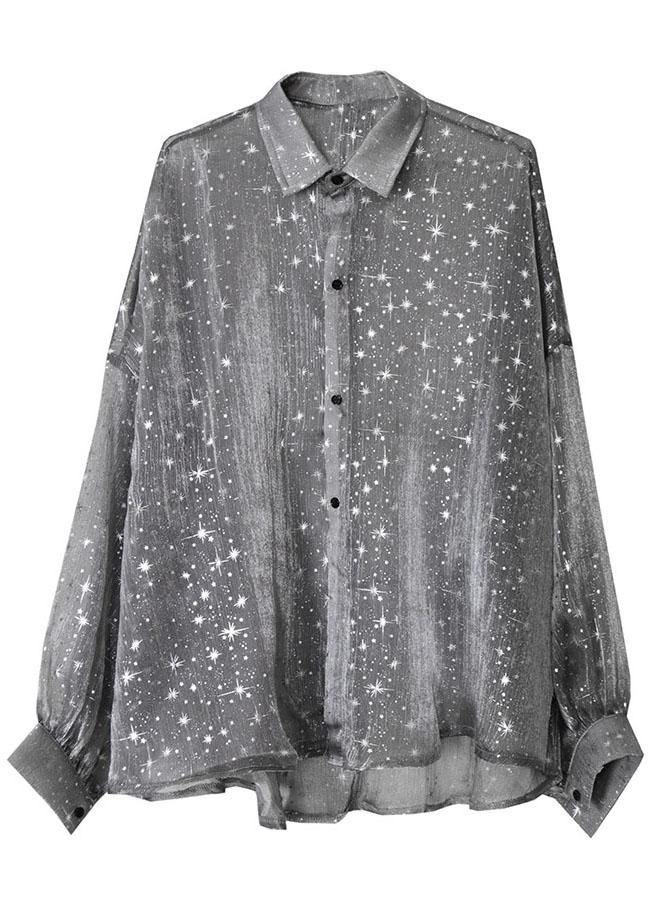 Grey Print Peter Pan Collar Button Blouse Top