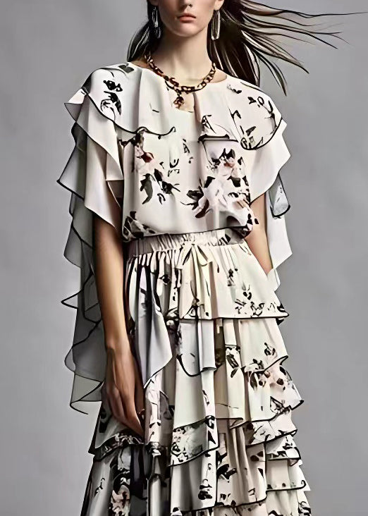 Black Ruffled Print Silk Two Pieces Set Summer