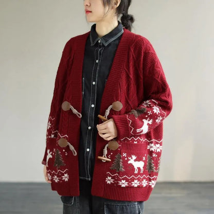 Aesthetic Red Knit Jacket Loose Fitting Loose Deer Print Knit Outwear