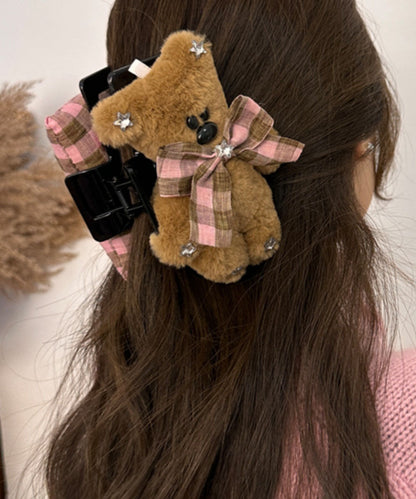 Pink Coffee Plaid Little Bear Zircon Bow Shark Hairpin