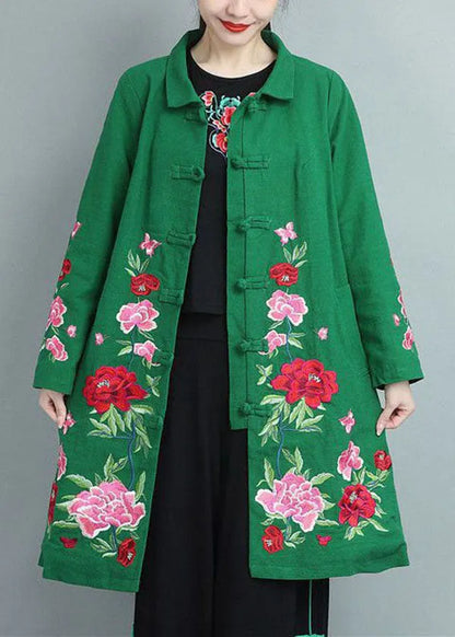Green Stand Collar Embroideried Cotton Coats Fall