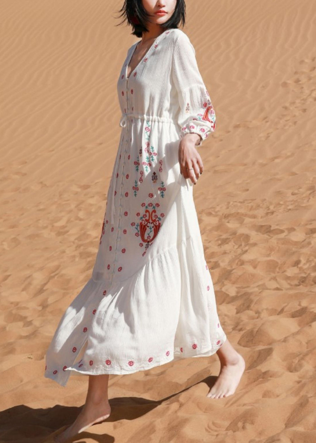 White V Neck Print Tie Waist Cotton Shirts Dresses Spring