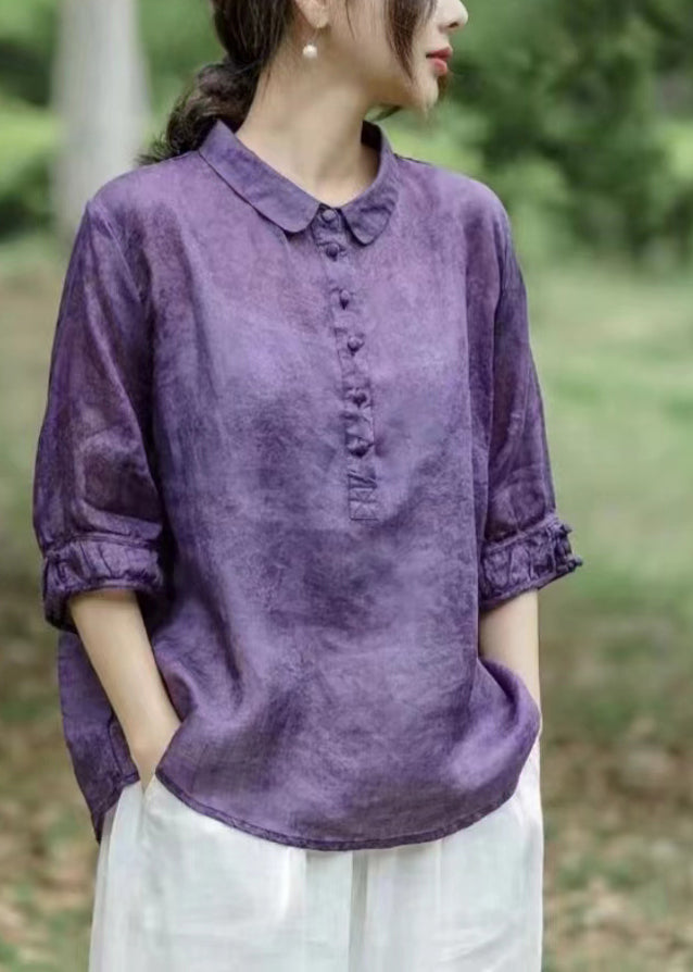 Red Peter Pan Collar Patchwork Button Linen Tops Long Sleeve