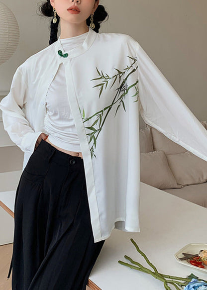 Diy White O-neck Print Button Silk Shirts Spring