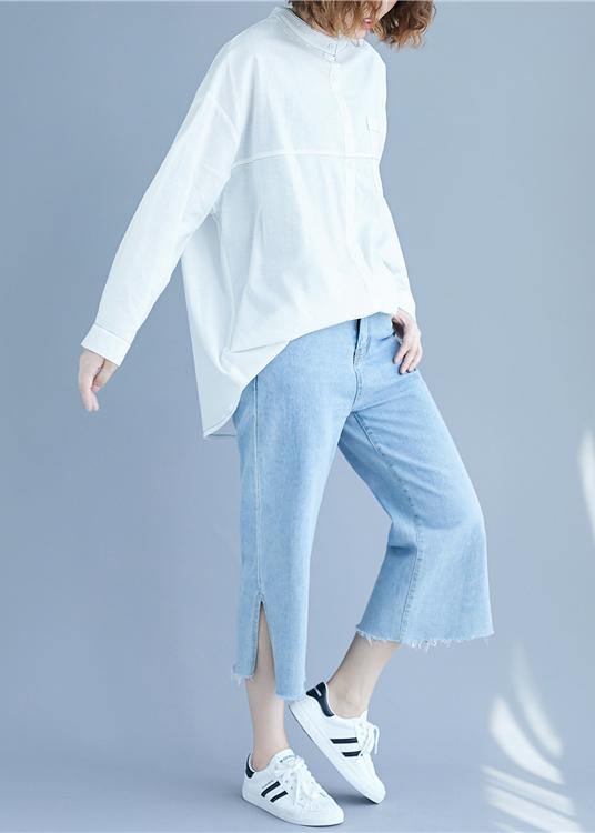 White Low High Design Long Sleeve Blouses