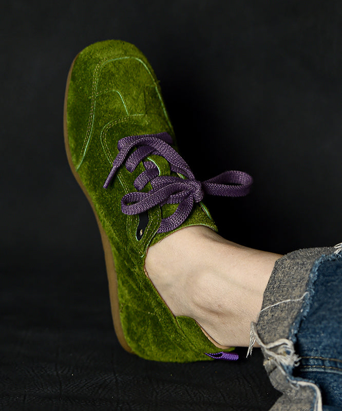 Green Suede Splicing Flats Lace Up