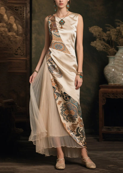 Champagne Asymmetrical Patchwork Print Silk Dresses Sleeveless
