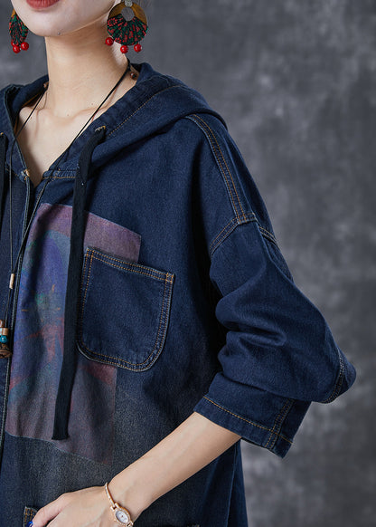 Navy Hooded Asymmetrical Big Pockets Denim Trench Fall