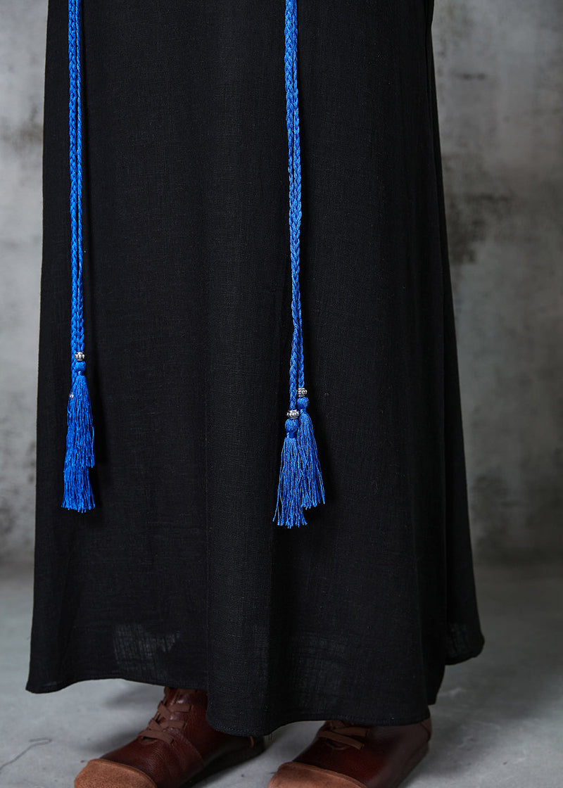 Style Black Embroidered Tasseled Cotton Holiday Dress Sleeveless