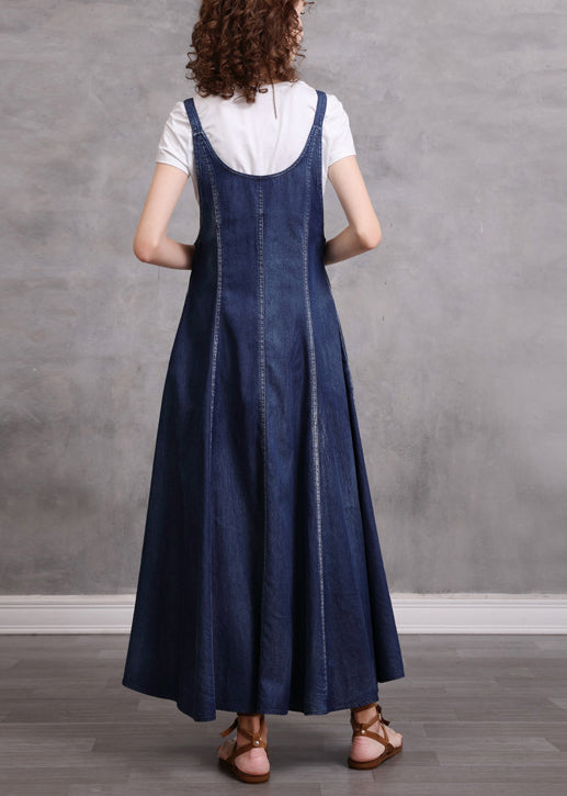 Blue V Neck Embroideried Spaghetti Strap Cotton Long Dress Sleeveless