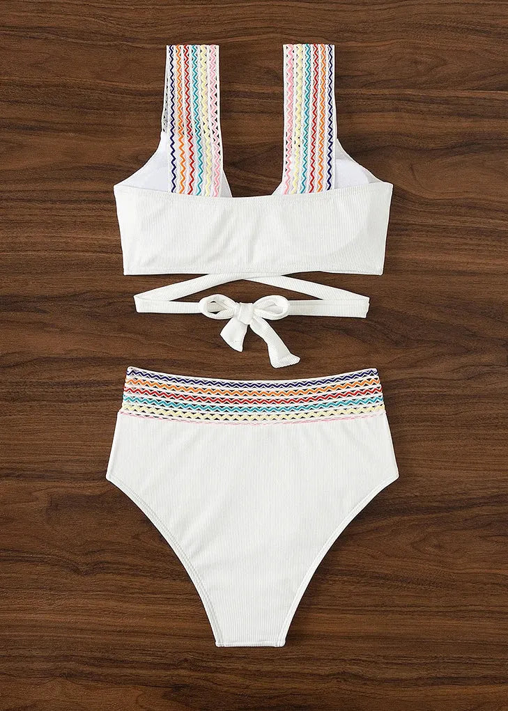 White Patchwork Backless Swimwear Two Pieces Set