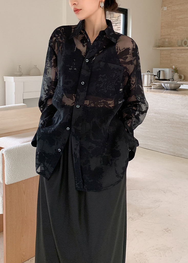 Black Peter Pan Collar Print Patchwork Chiffon Shirt Fall