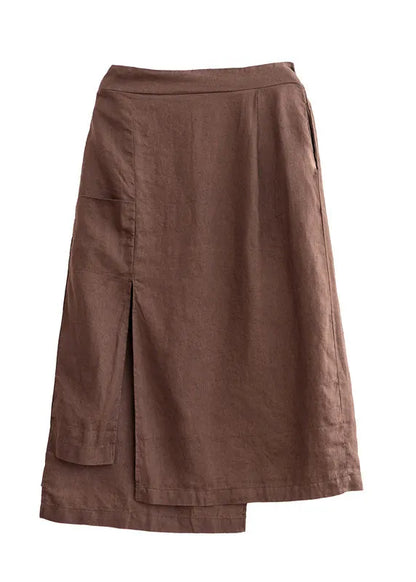 Chocolate Asymmetrical Side Open Linen Skirts Fall
