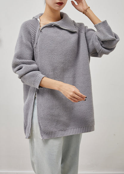 Grey Asymmetrical Zip Up Thick Knit Sweater Tops Winter