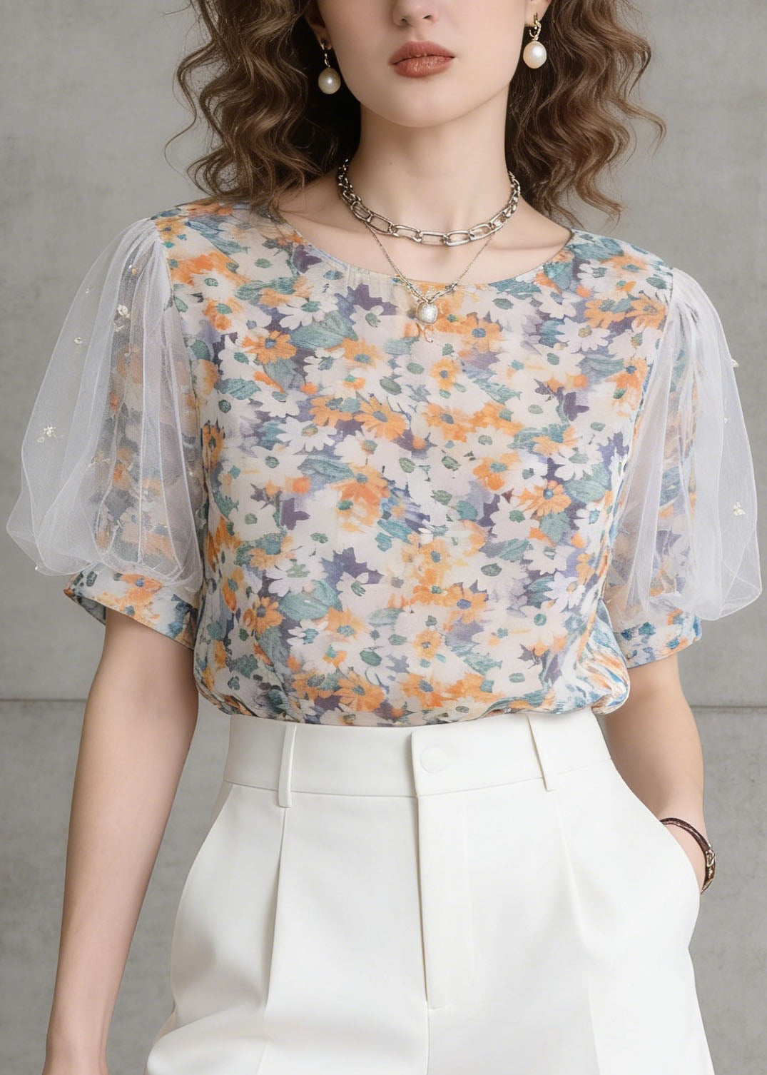 O-neck Tulle Puff Sleeve Print Chiffon Top Summer
