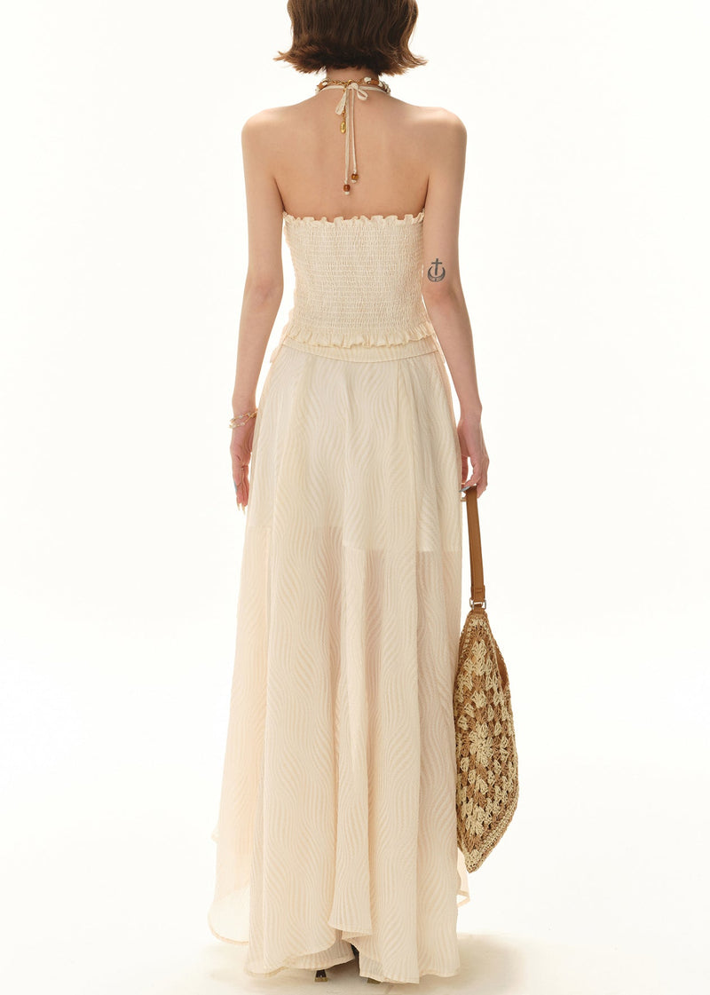 Apricot Lace Tops and Skirts Patchwork Two Pieces Set Sleeveless