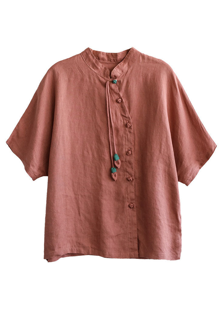 Green Stand Collar Tassel Asymmetrical Design Linen Shirts Short Sleeve