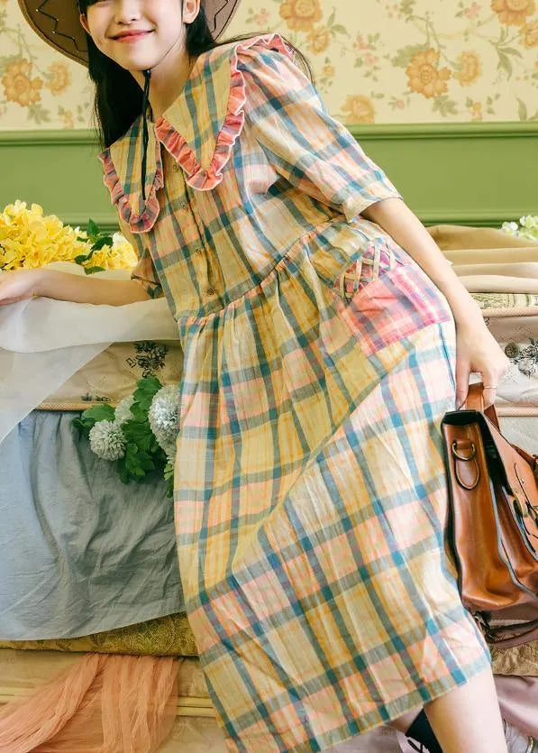 Plaid Ruffled Button Puff Sleeve Summer Cotton Dresses