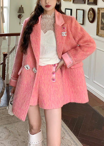 Pink Peter Pan Collar Zircon Woolen Coats Winter