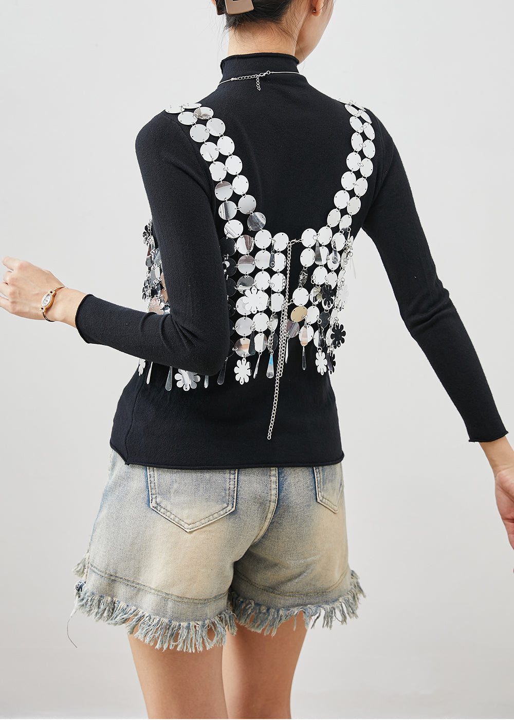 Black Sequins Vest and Shirts Cotton Two Piece Set Clothing Spring
