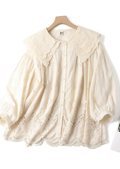 Beige Double-layer Embroidered Cotton Blouses Spring