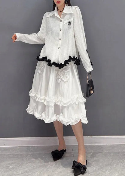 White Embroideried Ruffled Tulle Patchwork Chiffon Dress Two Pieces Set Spring