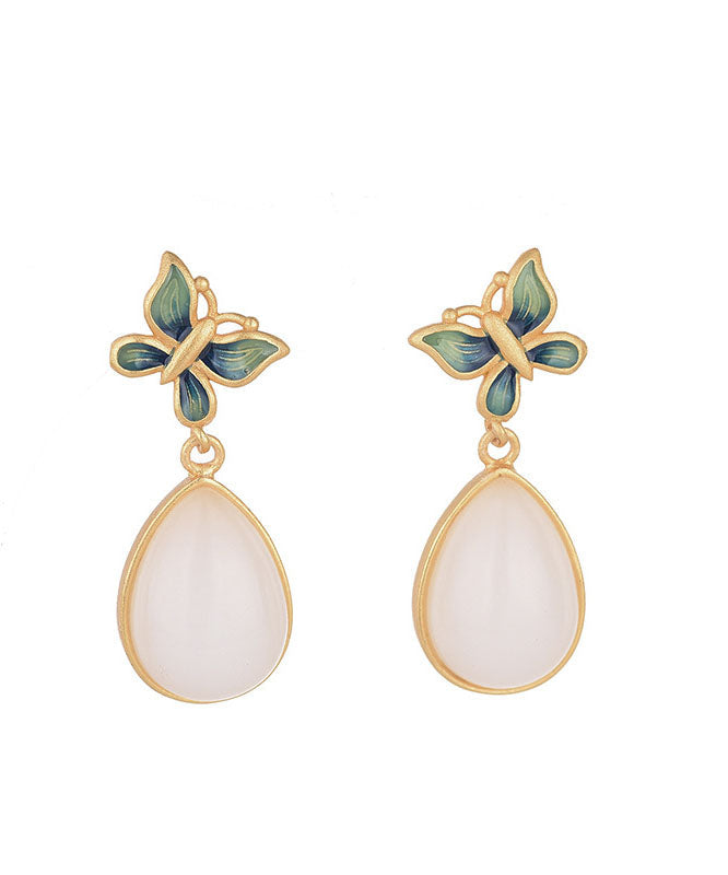 Blue Ancient Gold Inlaid Jade Butterfly Water Drop Drop Earrings