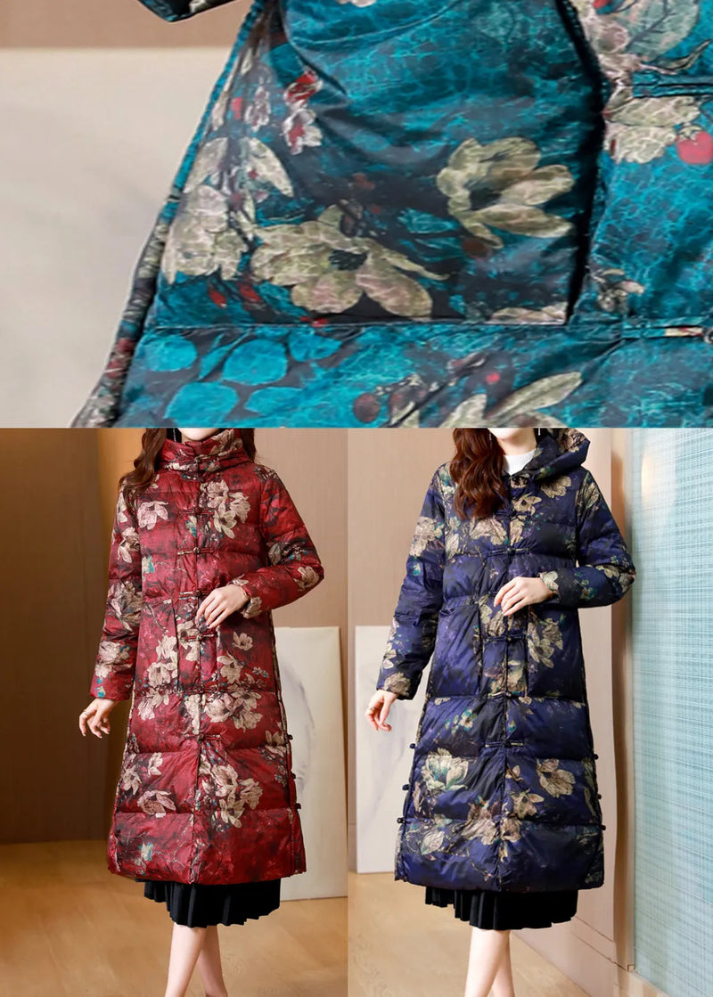 Purple Stand Collar Print Chinese Button Duck Down Puffer Coat Winter