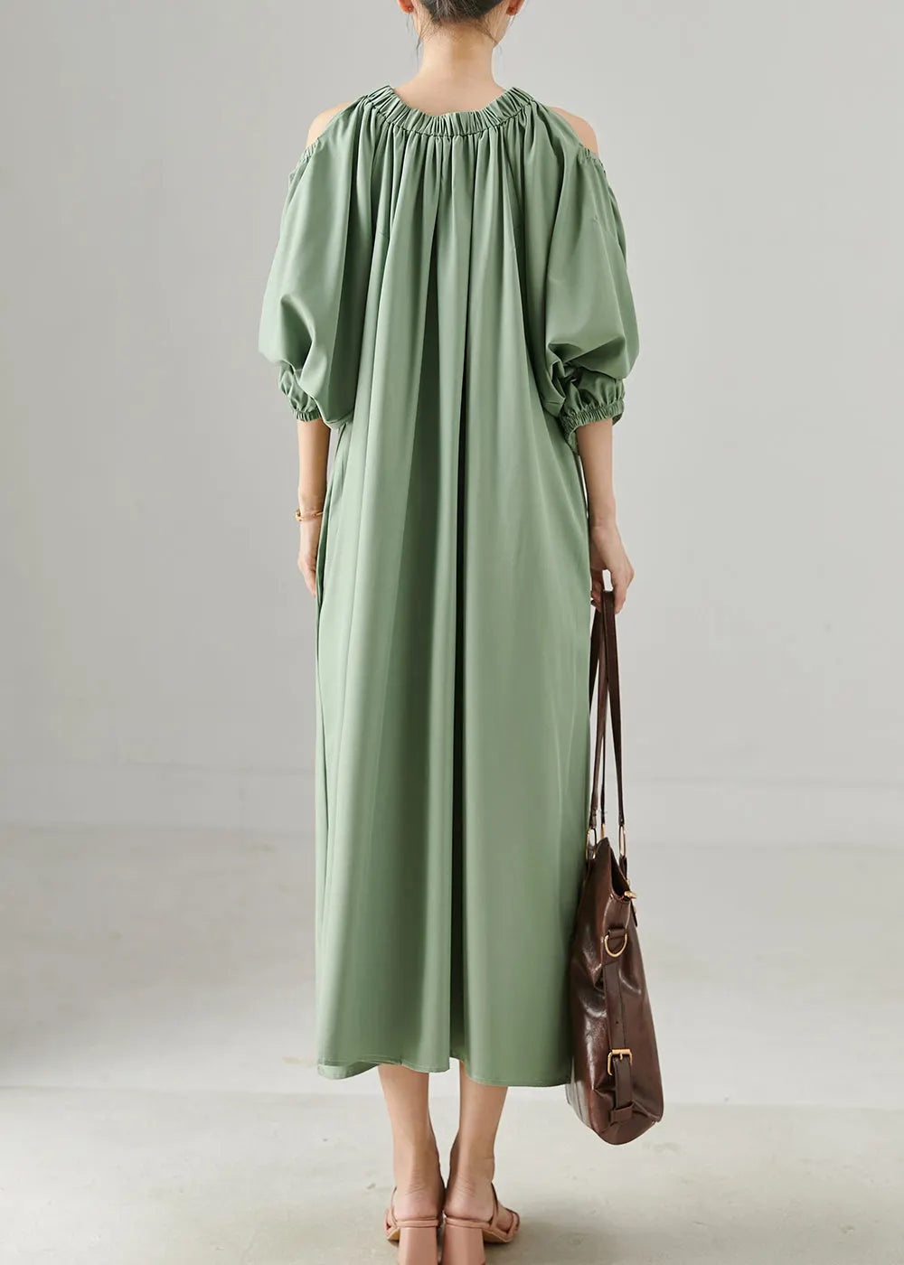 Green Grey Loose Cotton Maxi Dresses Cold Shoulder Spring