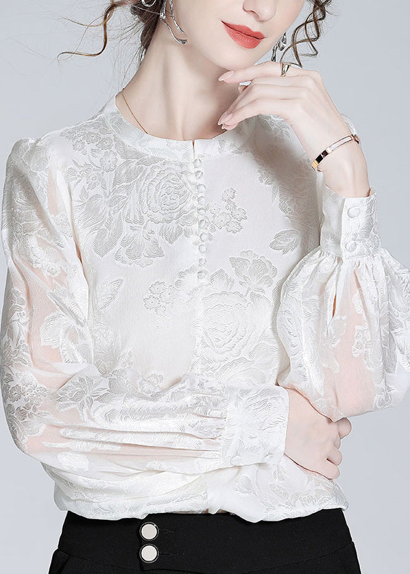 White O-neck Button Jacquard Slik Shirt Spring