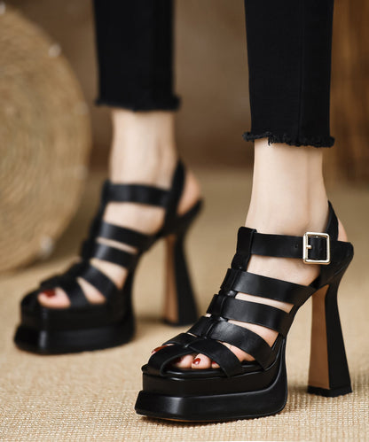 Splicing Hollow Out High Heels Sandals Black Cowhide Leather