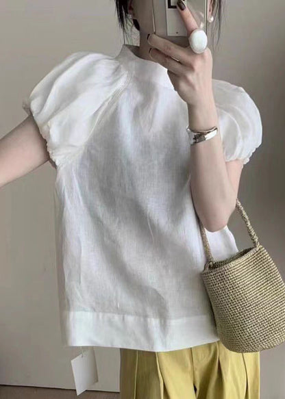 French White Puff Sleeve Cotton T Shirt Top