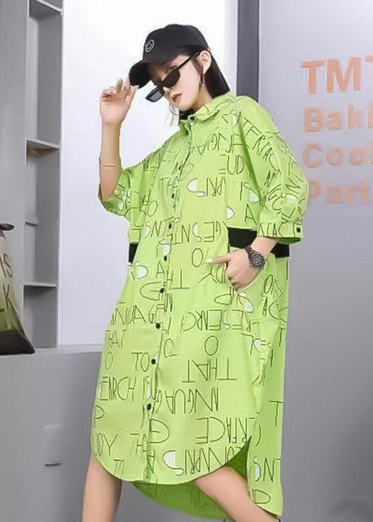 Stylish Green Patchwork Print Button Fall Cotton Half Sleeve Dress