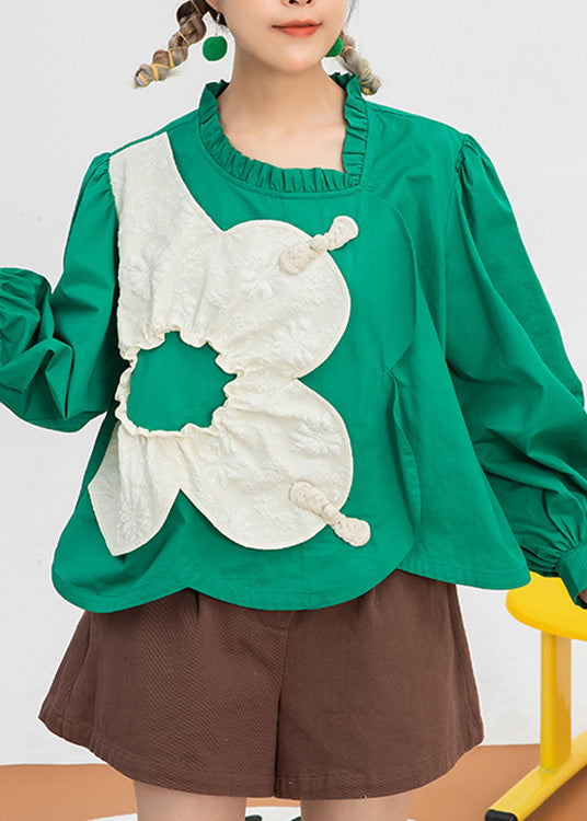 Classy Green O-neck Patchwork Cotton Shirt Spring