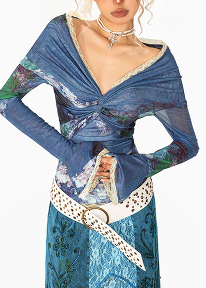 Blue V Neck Print Lace Patchwork Tulle Shirt Flare Sleeve