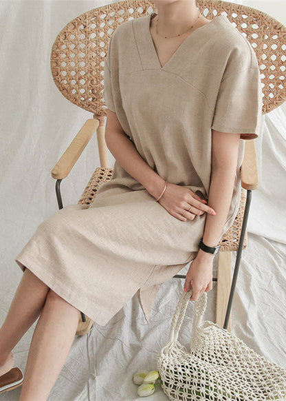 V Neck Patchwork Side Open Linen Mid Dresses Summer