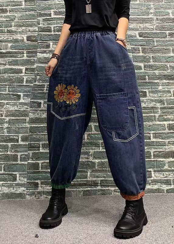 Blue Print Patchwork Elastic Waist Denim Crop Pants Spring