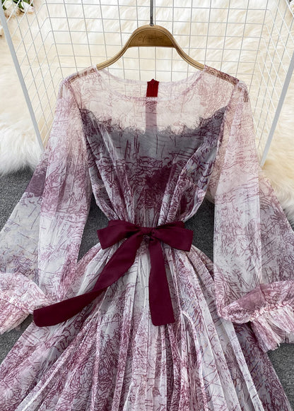 Diy Mulberry O-neck Print Tulle Long Dress Long Sleeve