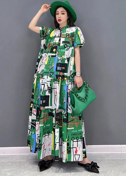 Green Stand Collar Patchwork Exra Large Hem Print Chiffon Maxi Dress Short Sleeve