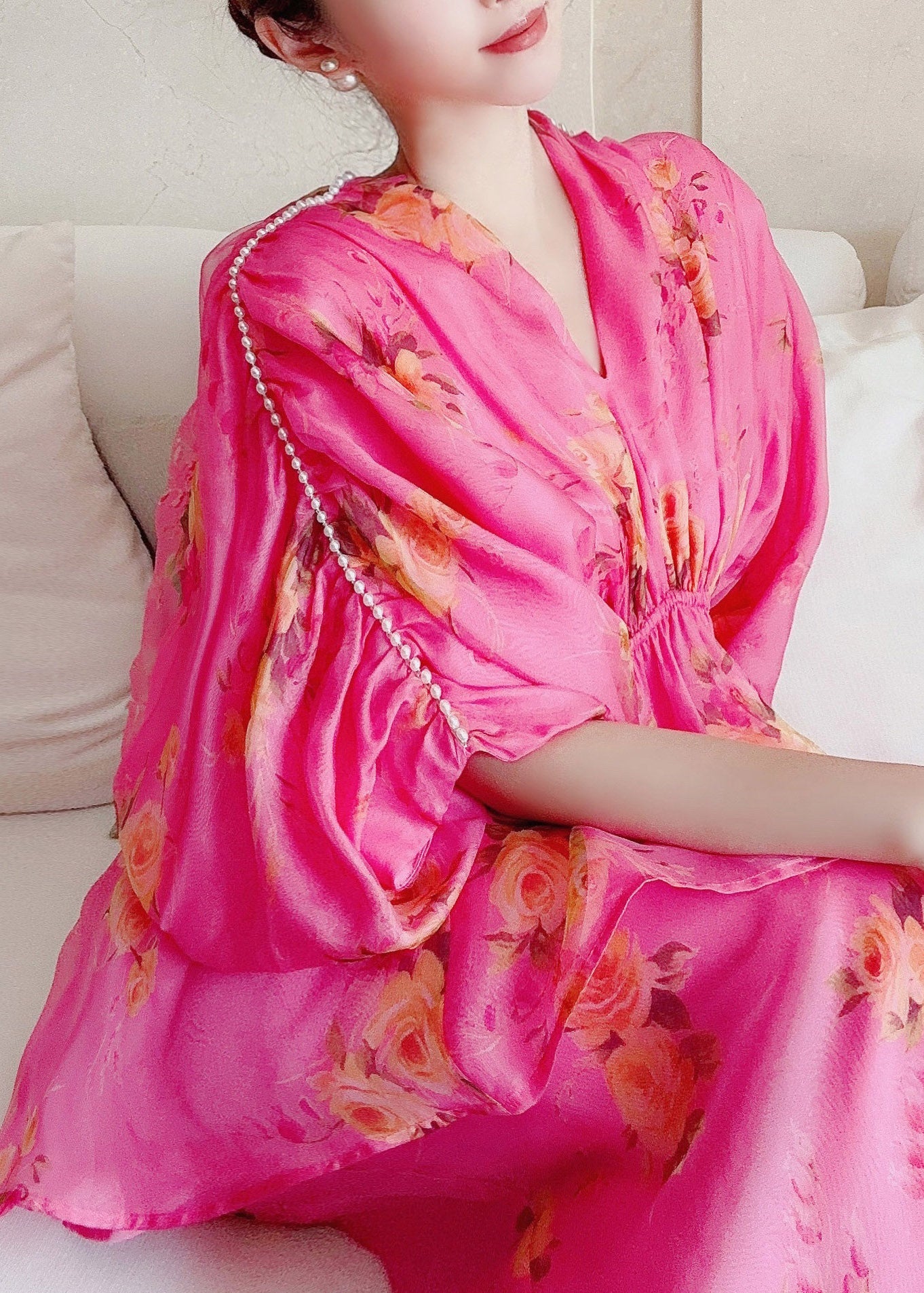 Art Rose V Neck Print Silk Top and Skirts Two Pieces Set Summer