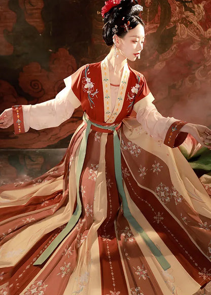 Red Embroideried Tops and Pleated Skirt Patchwork Two Pieces Set Fall