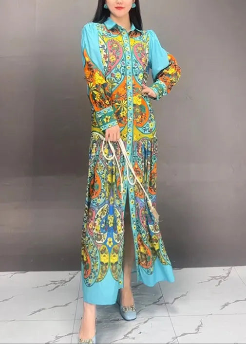 Blue Peter Pan Collar Button Print Cotton Long Dress Fall
