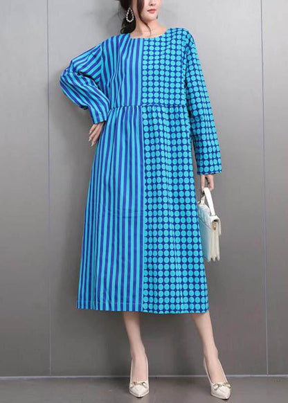 Stylish Purple O-neck Patchwork Dot Maxi Dress Fall