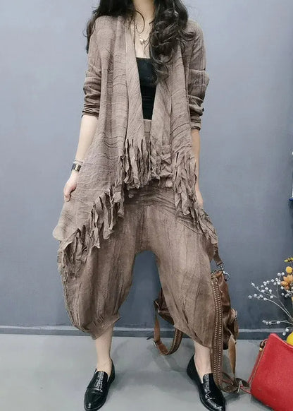 Retro Chocolate V Neck Tasseled Wrinkled Linen Coats and Lantern Pants Two Pieces Set Spring