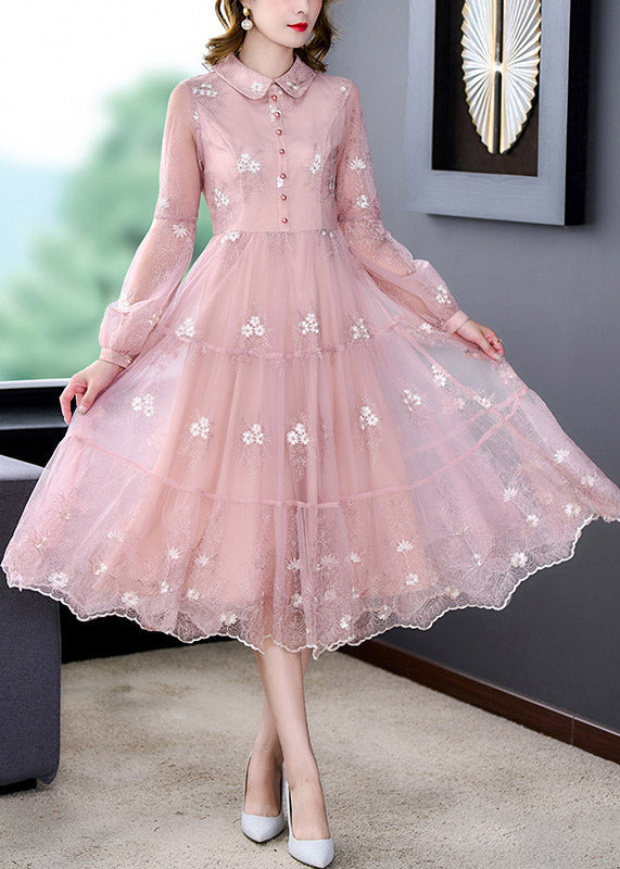 Pink Peter Pan Collar Embroideried Patchwork Button Tulle Maxi Dress Long Sleeve