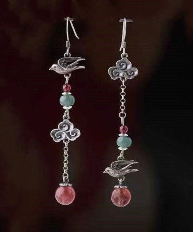 Sterling Silver Crystal Birds Over the Clouds Magpie Drop Earrings