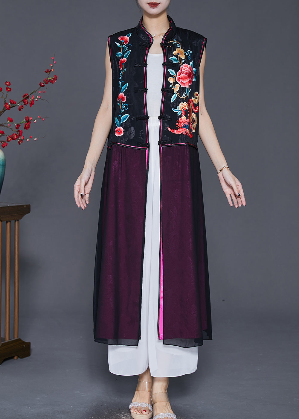 Black Embroideried Patchwork Silk Long Vest Fall