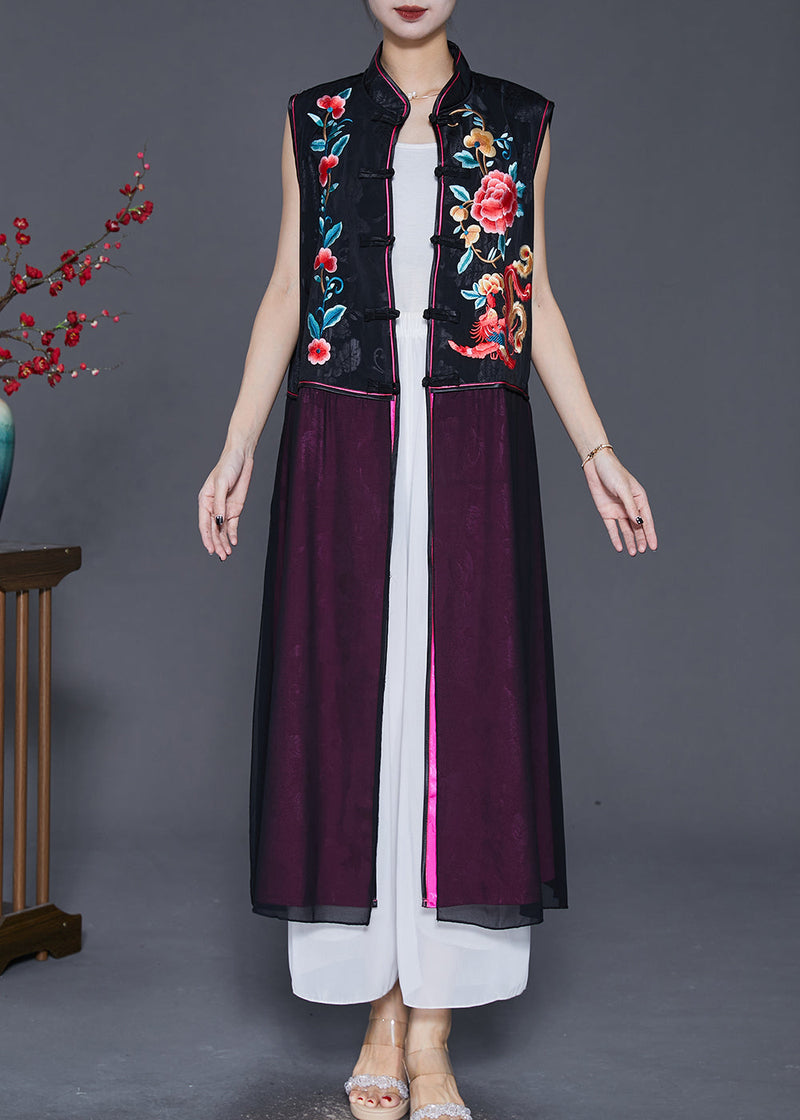 Black Embroideried Patchwork Silk Long Vest Fall