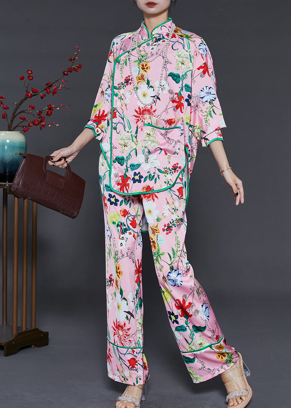 Pink Oversized Print Silk Oriental Two Pieces Set Spring