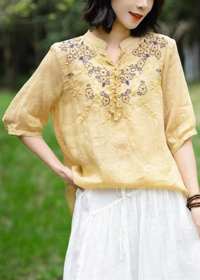 Unique Blue V Neck Embroideried Patchwork Linen T Shirts Half Sleeve